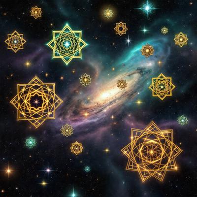 The primary subject of the image is a beautifully designed and colorful space scene. The setting is a vast, star-filled sky, with a backdrop of a galaxy. The visual style of the image is a combination of digital art and illustration, creating a vibrant and captivating atmosphere. The colors and mood of the image are predominantly warm and inviting, with a sense of wonder and exploration.